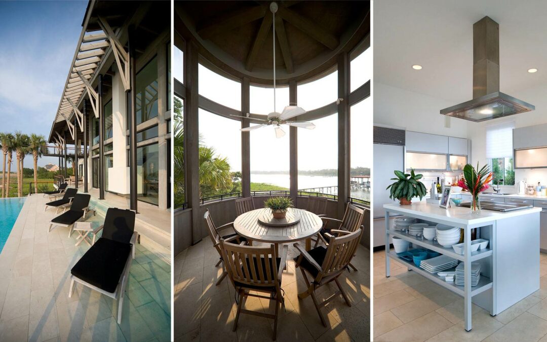 Modern waterfront home interior and exterior.